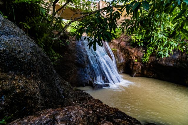 Waterfall dropping into a pool between boulders and mango trees