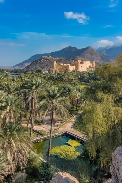 Fort above a palm oasis with a stone water channel below