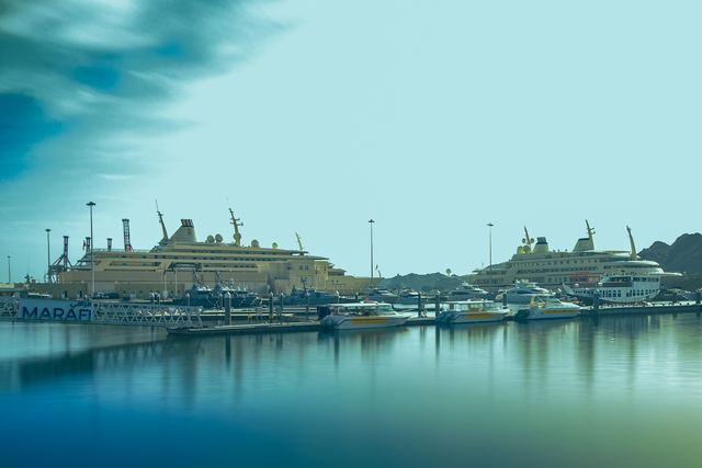 Cruise ships and small craft at the port in flat morning light
